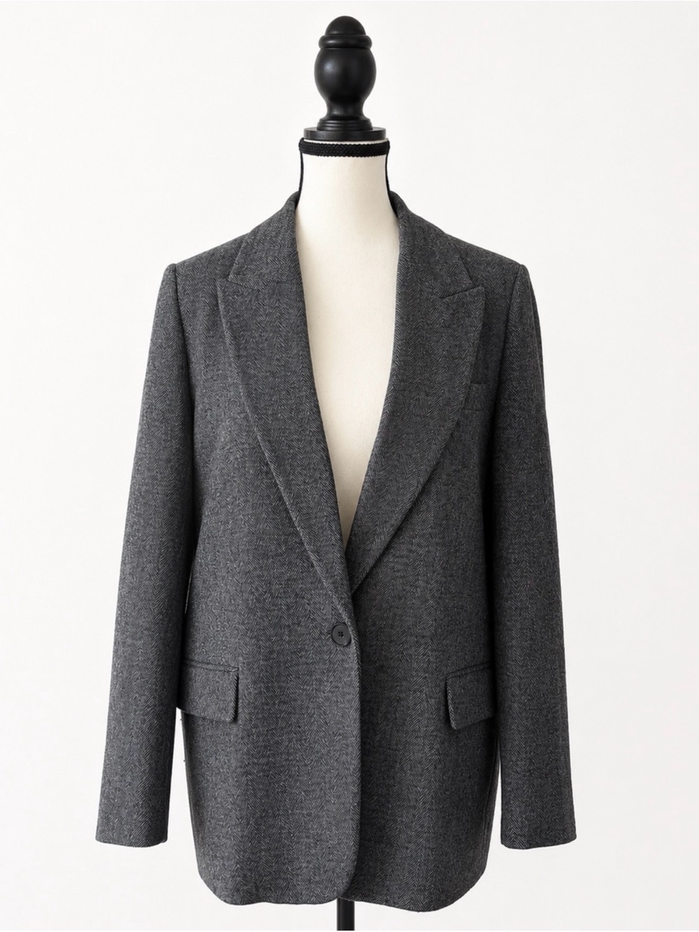 Zara Herringbone Wool Blend Gray Single-Button Blazer Jacket Women’s Large